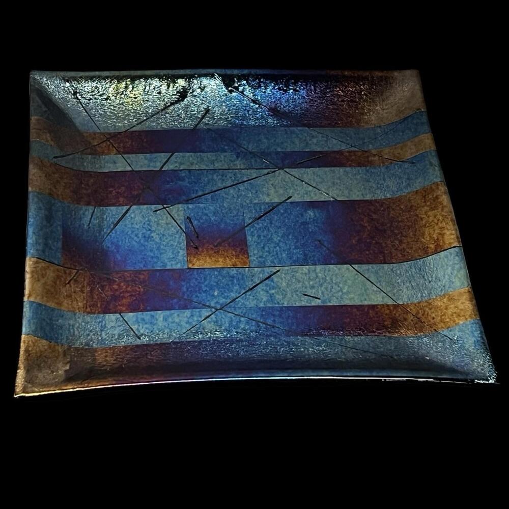 VTG Fused Art Glass Carnival Iridescent Square Dish Tray 10” Plate Blue Purple